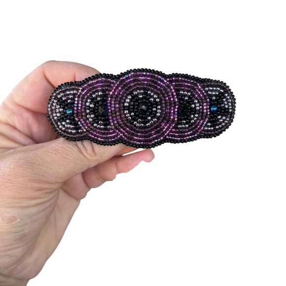 Vintage Seed Beaded Overlapping Circle Hair Clip Purple Black Taiwan 4” - Picture 5 of 13